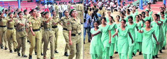 NCC girl cadets rehearsing for the Independence Day parade at the Multi-purpose Sports Stadium in Bathinda on Thursday; (right) nursing students of the Civil Hospital rehearse for the parade.