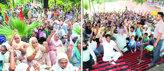 Members of the BKU Ugrahan and the Khet Mazdoor Union stage a dharna outside the District Administrative Complex in Bathinda on Thursday; (right) employees of the Thermal power plant stage a protest in the city in support of their demands.