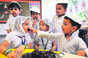 Students celebrate Eid at Firstep Montessori School in Sector 7, Panchkula, on Thursday. 