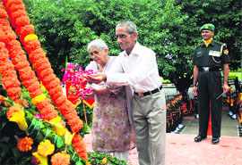 Parents of late Major Sandeep Shankla pay homage at Shankla Memorial, Sector 2, Panchkula on Thursday. 