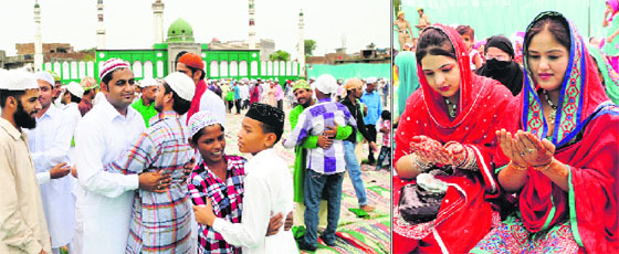Muslims greet each other on the occasion of Eid-ul-Fitr at the Eidgah in Bathinda on Friday; and devotees offer prayers at the Eidgah.