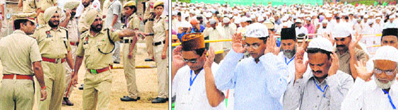 The SSP, Ravcharan Singh Brar, reviews security arrangements at the Eidgah in Bathinda on Friday; and (right) ADC Mohammad Tayyab and other devotees offer prayers on the occasion of Eid-ul Fitr.