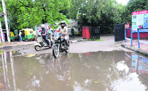 Water accumulated outside the Sector 22 dispensary in Chandigarh on Friday. 