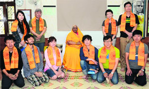 A delegation of South Korean Donggkuk University with Dev Sanskriti University spiritual head Shail Jiji in Haridwar on Friday.