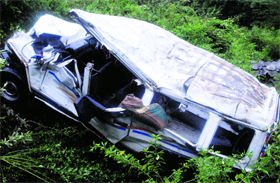 A damaged jeep near Salooni, 80km from Chamba, on Friday.