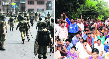 Protesters throw stones on security personnel after offering Eid-ul-Fitr prayers in Srinagar; and (R) VHP and Bajrang Dal activists protest against the Kishtwar clashes, at Rajouri on Friday. 
