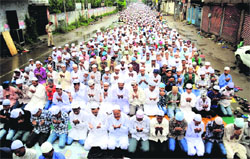 Muslim devotees offer Eid prayers in Ludhiana on Friday.