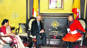 National Security Adviser Shivshankar Menon along with Foreign Secretary Sujatha Singh with Bhutans new Prime Minister Tshering Tobgay (R) in Thimphu on Friday.