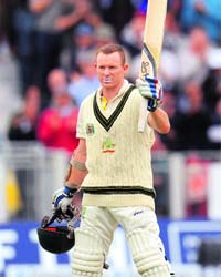 Chris Rogers celebrates reaching his century during the fourth Ashes Test in Chester-le-Street near Durham on Saturday