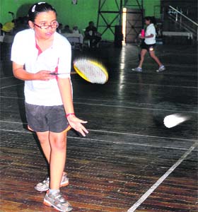 A player in action during the U-13 badminton championship at Tau Devi Lal Stadium in Panchkula