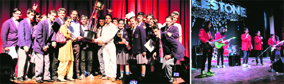 Students of St Josephs' Acadaemy with the trophy at cultural extravaganza Milestone at St Georges College, and (right) girls perform during the programme in Mussoorie on Sunday.