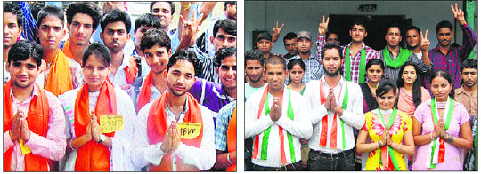 The ABVP and (right) the NSUI declare their panels for the students elections at PG College and HPU RC, respectively, in Dharamsala on Saturday.