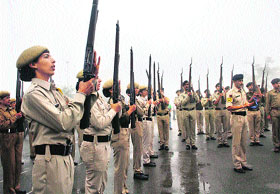 Police personnel during a rehearsal for the Independence Day parade on the Ridge in Shimla on Sunday.