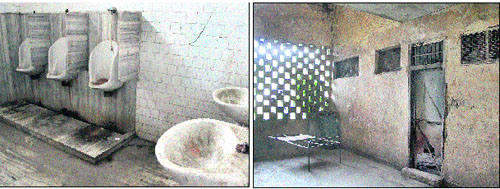 A bathroom at the boys hostel; (right) a damp, dirty portion of the hostel on the Sports College premises in Jalandhar. 