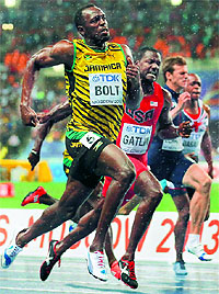 Usain Bolt wins the 100 metres final ahead of Justin Gatlin, Christophe Lemaitre and James Dasaolu during the IAAF World Athletics Championships at the Luzhniki stadium in Moscow on Sunday