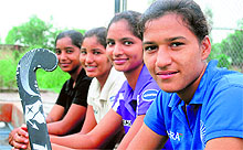 Rani Rampal, Navjot Kaur, Navneet B Singh and Manjeet Kaur at their academy in Shahabad on Sunday