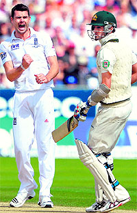 James Anderson celebrates after trapping Nathon Lyon to finish off Australias first innings on Sunday