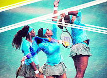 Serena Williams serves to Agnieszka Radwanska during their semifinal of the Rogers Cup tennis tournament in Toronto on Saturday. The image is an in-camera, multiple exposure photograph