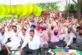  Members of PWD Field and Workshop Workers Union stage a rally at Bhagu road in Bathinda on Monday.