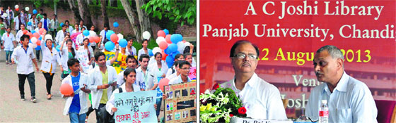 Students of a dental institute take out a balloon rally on the first day of the Oral Health Awareness Drive at Panjab University; and (right) the PU Dean, Research, Prof Lalit Kumar Bansal, and Dr Raj Kumar during the Librarians Day celebrations at AC Joshi Library, PU, in Chandigarh on Monday.