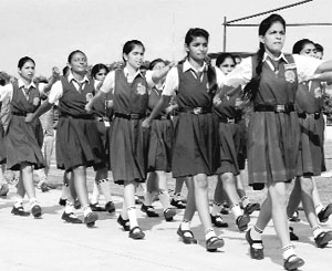 Students of a school rehearse for the Independence Day function at Parade Ground in Sector 5, Panchkula.