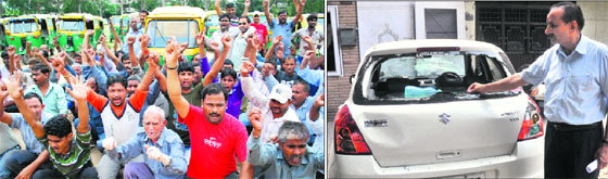 LPG auto owners hold a protest in Chandigarh on Monday; and (right) A resident of Sector 41 shows a car damaged by miscreants early on Monday morning.