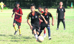 A match in progress during the Carbery Sub-Junior Football Tournament in Dehradun on Monday. 
