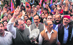 Activists of the BJP hold a protest against price hike in Shimla on Monday. Photo: Amit Kanwar