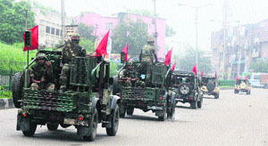 The Army takes out a flag march in Jammu on Monday.