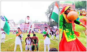 Students perform at the final rehearsal for the Independence Day celebrations at Guru Nanak Stadium in Amritsar on Tuesday.