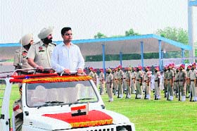 ADC (D) Mohammed Tayyab along with SP (Headquarters) Gurmeet Singh inspects the guard of honour at the sports stadium in Bathinda on Tuesday