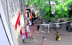 A windowpane at the hospital that was smashed by the protesters