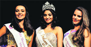 Miss Macedonia Bijlana Shkortova, Miss India Sharon Fernandes, Miss UK Louise Catterall pose for photographs during a press conference organised in Gurgaon on Tuesday to announce the Atharva groups plan to hold the 1st Indian  International Beauty Pageant . 