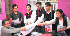 Candidates of the SFI submit nomination papers for the SCA elections at HPU in Shimla on Tuesday.