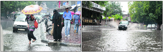 Pedestrians cross a road during the rain; and (right) a car passes through a waterlogged street at Hazratbal in Srinagar on Tuesday.