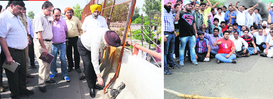 Mayor Harcharan Singh Gohalwaria checks open electricity wires; and (right) members of social organisations protest on Elevated Road in Ludhiana
