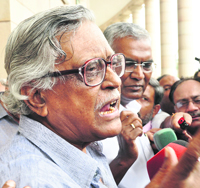 CPI leaders Gurudas Dasgupta and D Raja talk to mediapersons after an all-party meeting in New Delhi on Tuesday.