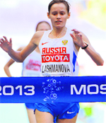 Elena Lashmanova wins the 20 kilometres walk at the World Championships in Moscow on Tuesday.  AFP