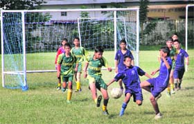 Players in action during a match in the 29th Carbery Memorial Sub-Junior Football Tournament in Dehradun on Wednesday