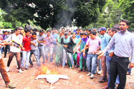 Students of DAV College burn an effigy of Pakistan against the killing of Indian soldiers in Dehradun on Wednesday. 