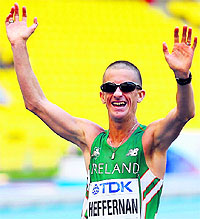 Robert Heffernan celebrates winning the 50 km race walk final during the World Championships at the Luzhniki stadium in Moscow on Wednesday