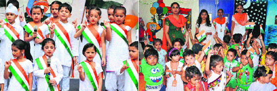 Students of Delhi Public School celebrate Independence Day in Bathinda; and (right) tiny tots of the Kidzee during an I-Day function organised at the play school.