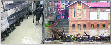 A boy wades through the flooded Jawaharnagar locality and (right) the overflowing Jhelum in Srinagar on Friday.