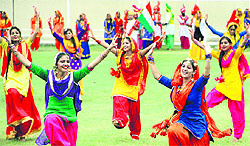 Students perform cultural programmes during the Independence Day celebrations in Jalandhar on Thursday
