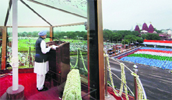 PM Manmohan Singh addresses the nation from ramparts of the Red Fort during the 67th Independence Day function in New Delhi on Thursday.  PTI