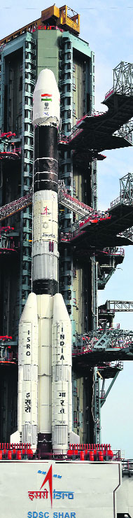 GSLV-D5, the cryogenic- engine powered launch vehicle that is to put GSAT-14, a communications satellite, into orbit on Monday.