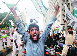 A supporter of the Jamaat-ud-Dawa during an anti-India protest in Karachi on August 14. 