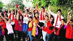 SFI activists celebrate their victory at RKMV College in Shimla on Saturday