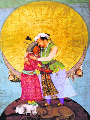 Jahangir embracing Shah Abbas. By Abu'l Hasan. Mughal, c. 1615; from the St. Petersburg Album. Freer Gallery of Art, Washington D.C.
