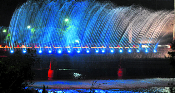 A late evening view of the fountains installed on the Bathinda-Goniana road at Sirhind Canal in Bathinda. 